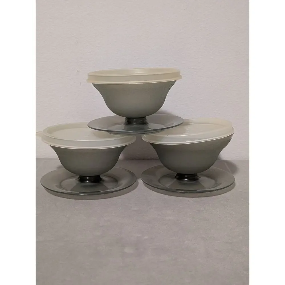 Vintage Tupperware 754 Smoky Gray Dessert Pudding Cups & Lids Set of 3 Retro